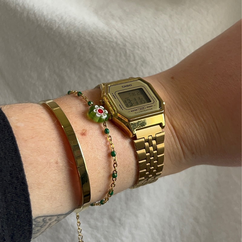 bracelet chaîne verte avec perle millefiori verte