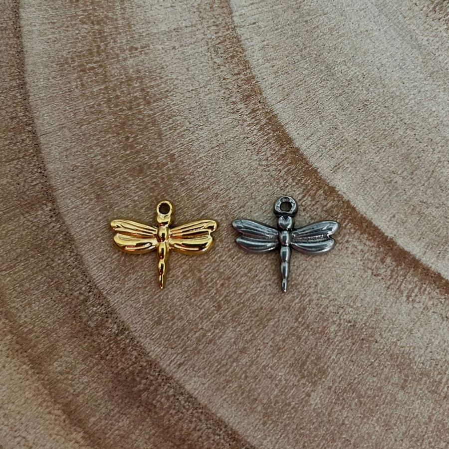 Deux charms libellule en acier inoxydable doré et argenté pour bijou personnalisable
