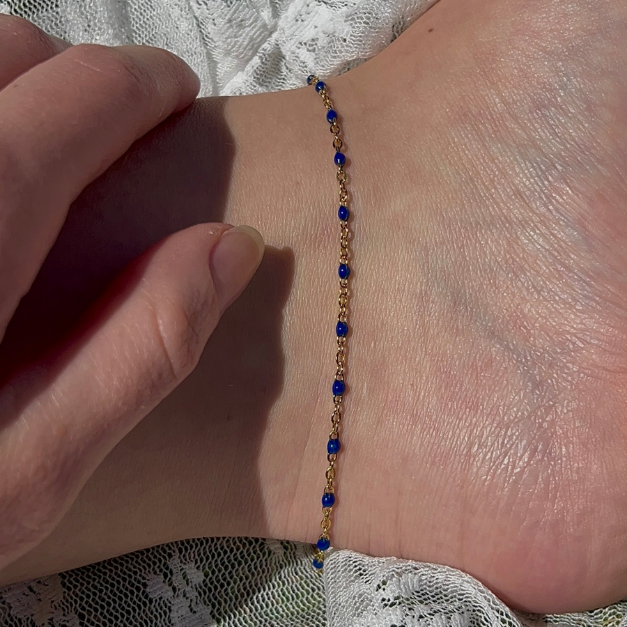 chaîne de cheville bleue en acier inoxydable doré