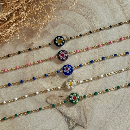 bracelet rose, bleu, noir, vert ou blanc à personnaliser avec perles millefiori