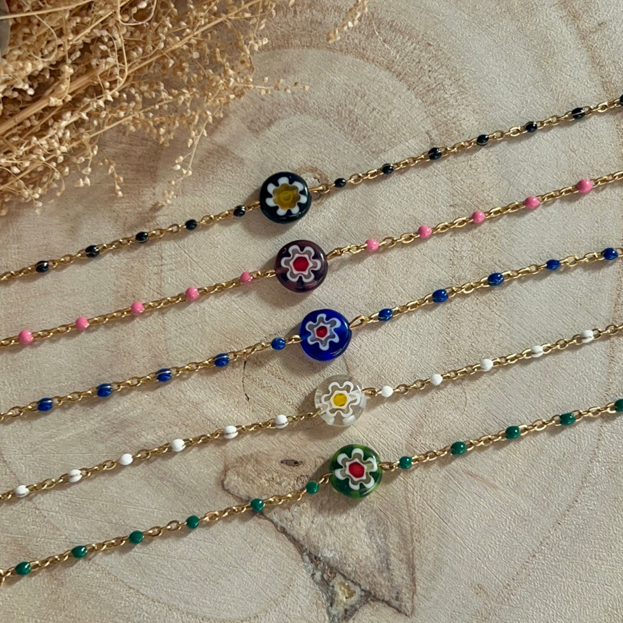 bracelet rose, bleu, noir, vert ou blanc à personnaliser avec perles millefiori