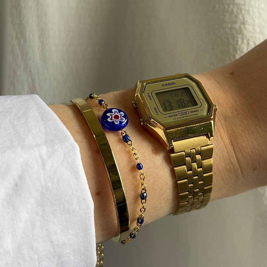 bracelet chaîne bleu avec perle millefiori bleu