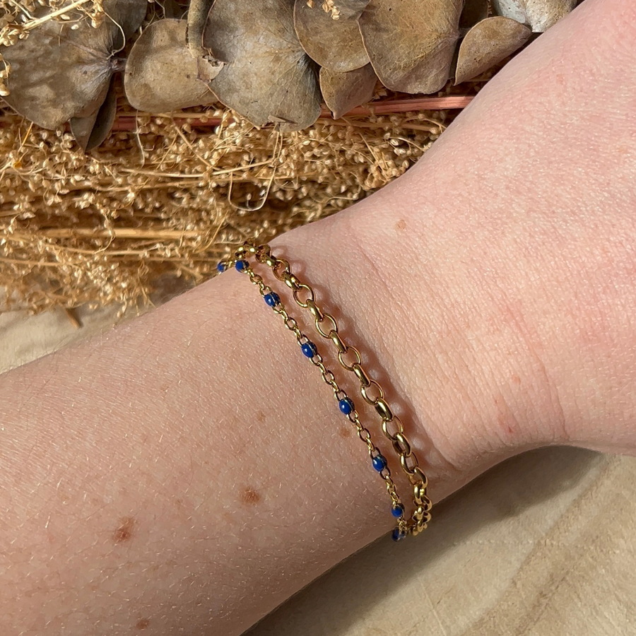 double bracelet à personnaliser en acier inoxydable doré, ici avec chaine bleu